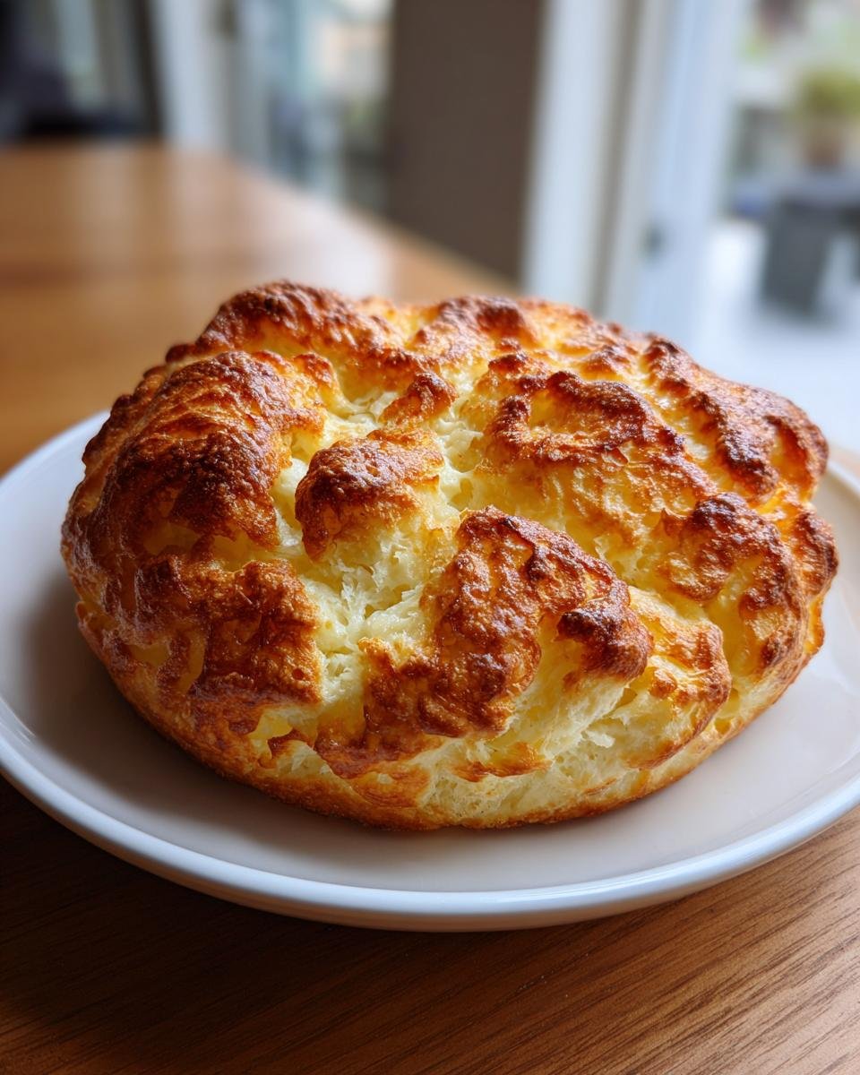 A golden-brown, fluffy loaf of cottage cheese cloud bread on a white plate.