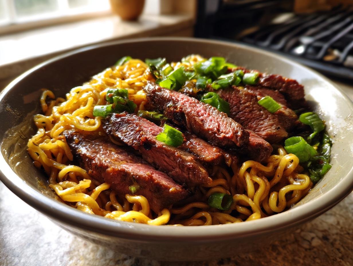 Close-up of Garlic Butter Steak Lightning Noodles, featuring tender sliced steak over ramen noodles, garnished with green onions.