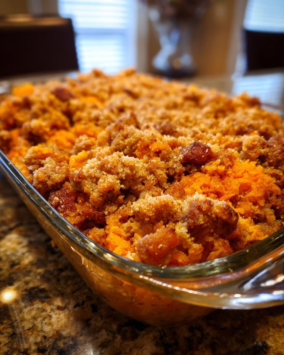 A close-up of an Irresistible Ground Turkey Sweet Potato Casserole Recipe in a glass baking dish, topped with a crumbly streusel.