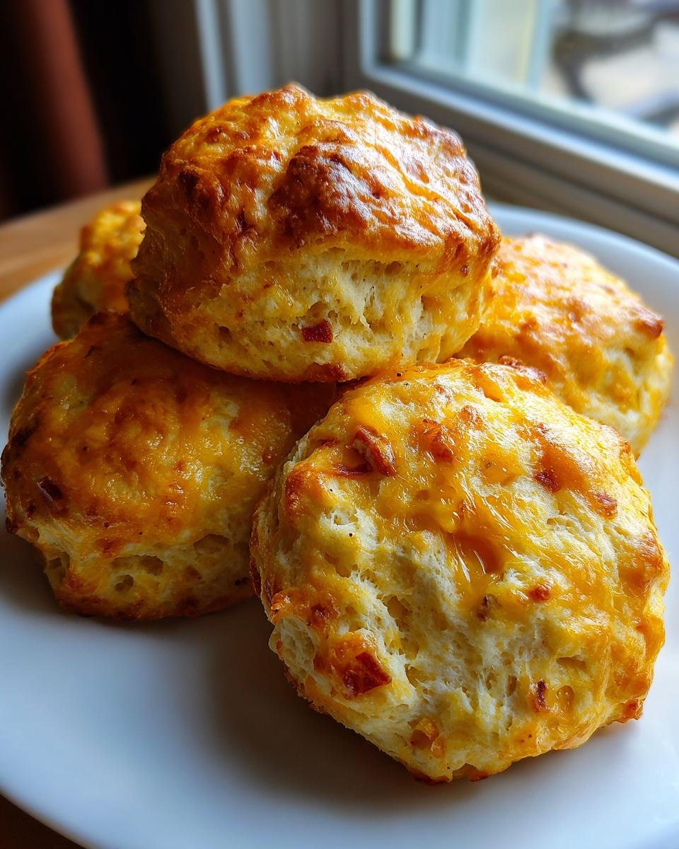 A stack of golden-brown Irresistible Ham And Cheese Butter Swim Biscuits, topped with melted cheese.