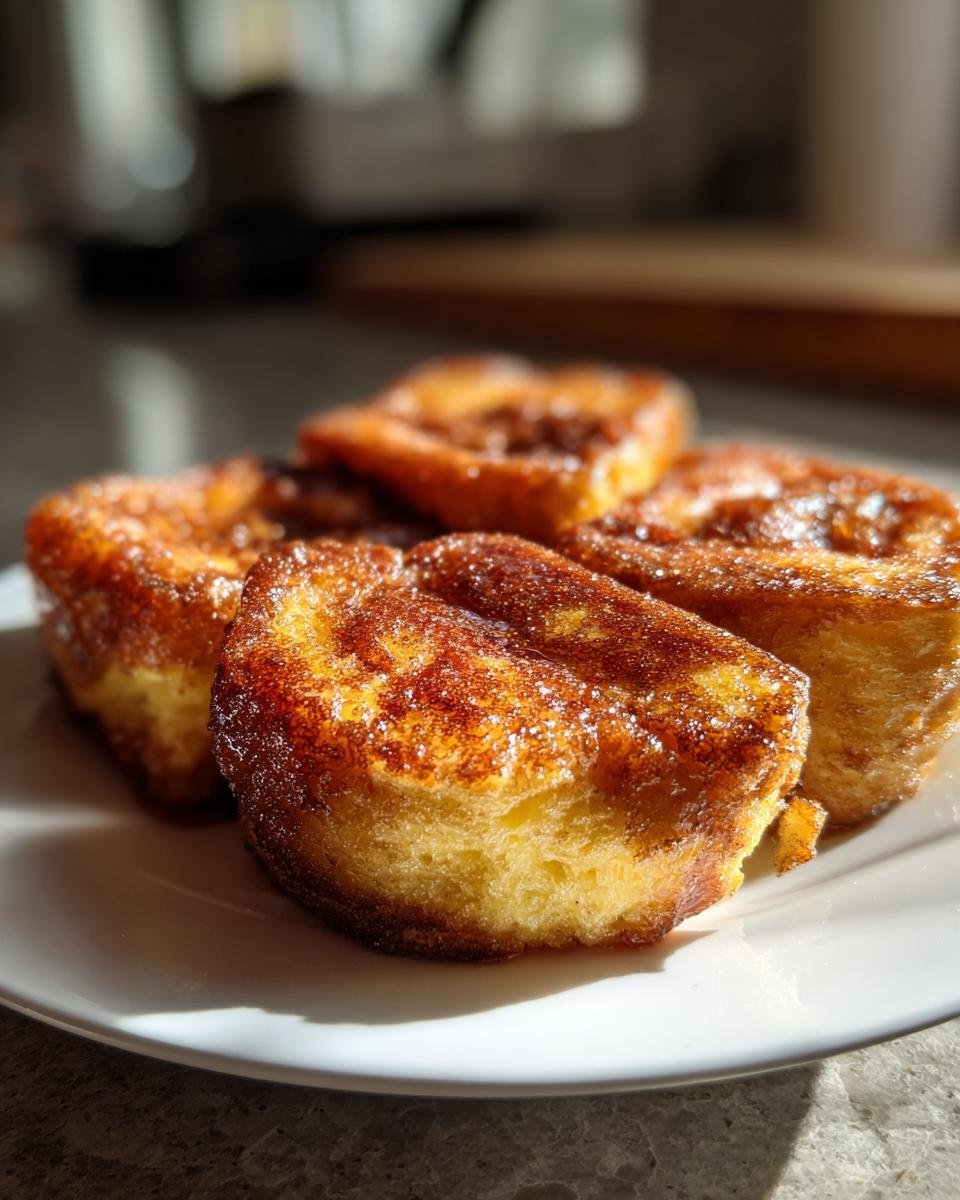 Close-up of golden-brown Irresistible Hawaiian Roll French Toast on a white plate, dusted with cinnamon sugar.