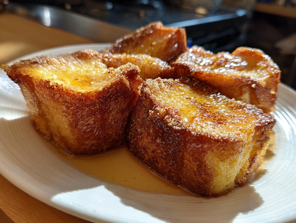 Close-up of golden-brown Irresistible Hawaiian Roll French Toast slices drizzled with syrup on a white plate.
