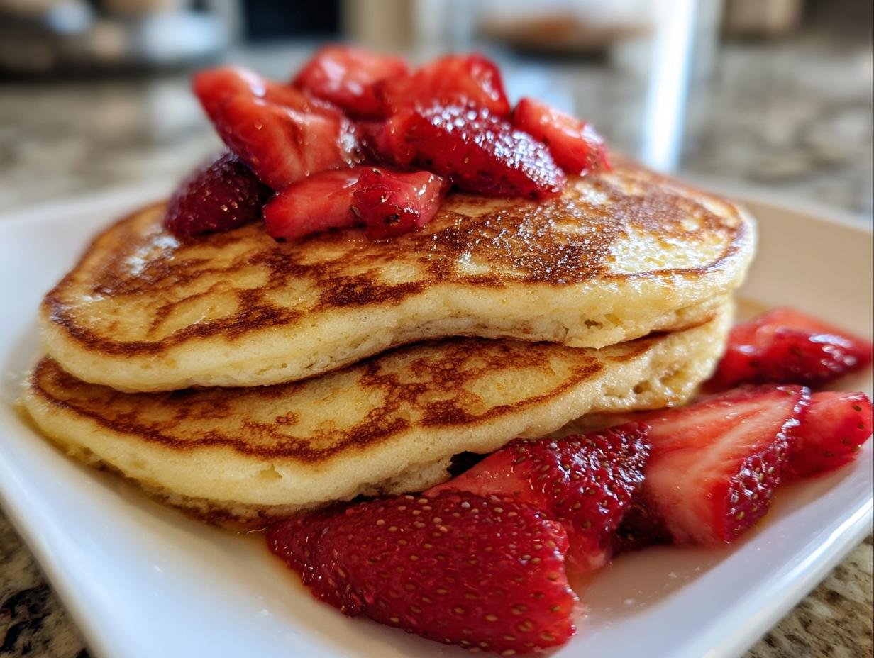 A stack of two fluffy Healthy Oatmeal Pancakes with Strawberries piled on top and sliced strawberries on the side.