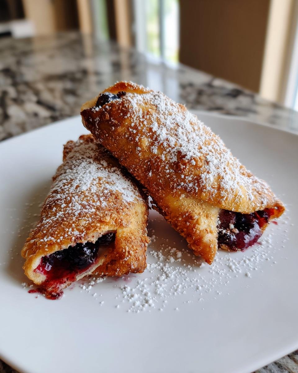 Two Irresistible Air Fryer Blueberry Chimichangas dusted with powdered sugar on a white plate.