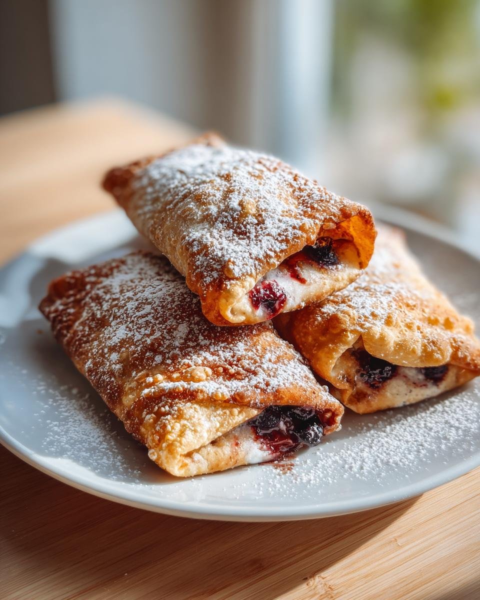 Three Irresistible Air Fryer Blueberry Chimichangas dusted with powdered sugar on a white plate.