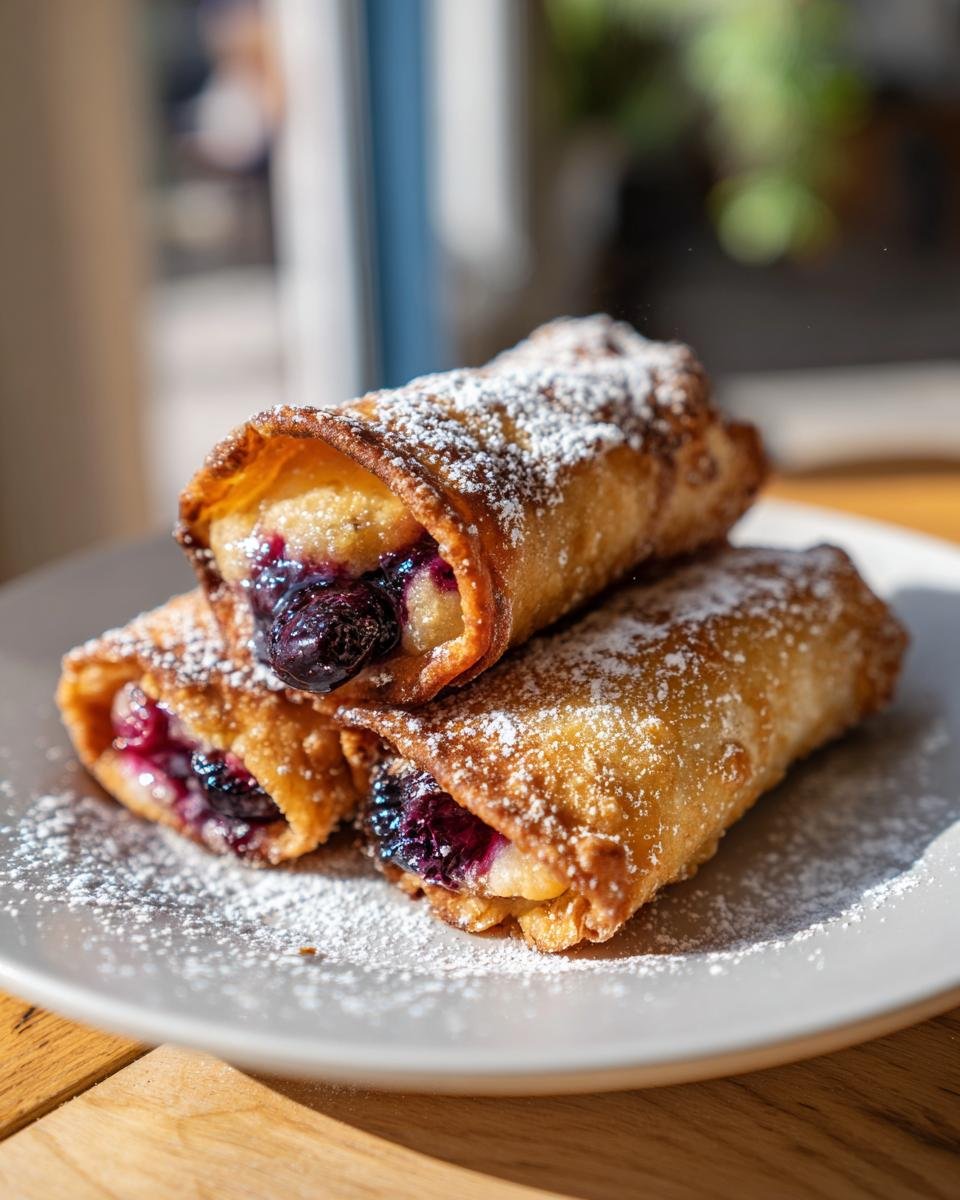 Two Irresistible Air Fryer Blueberry Chimichangas dusted with powdered sugar on a plate.
