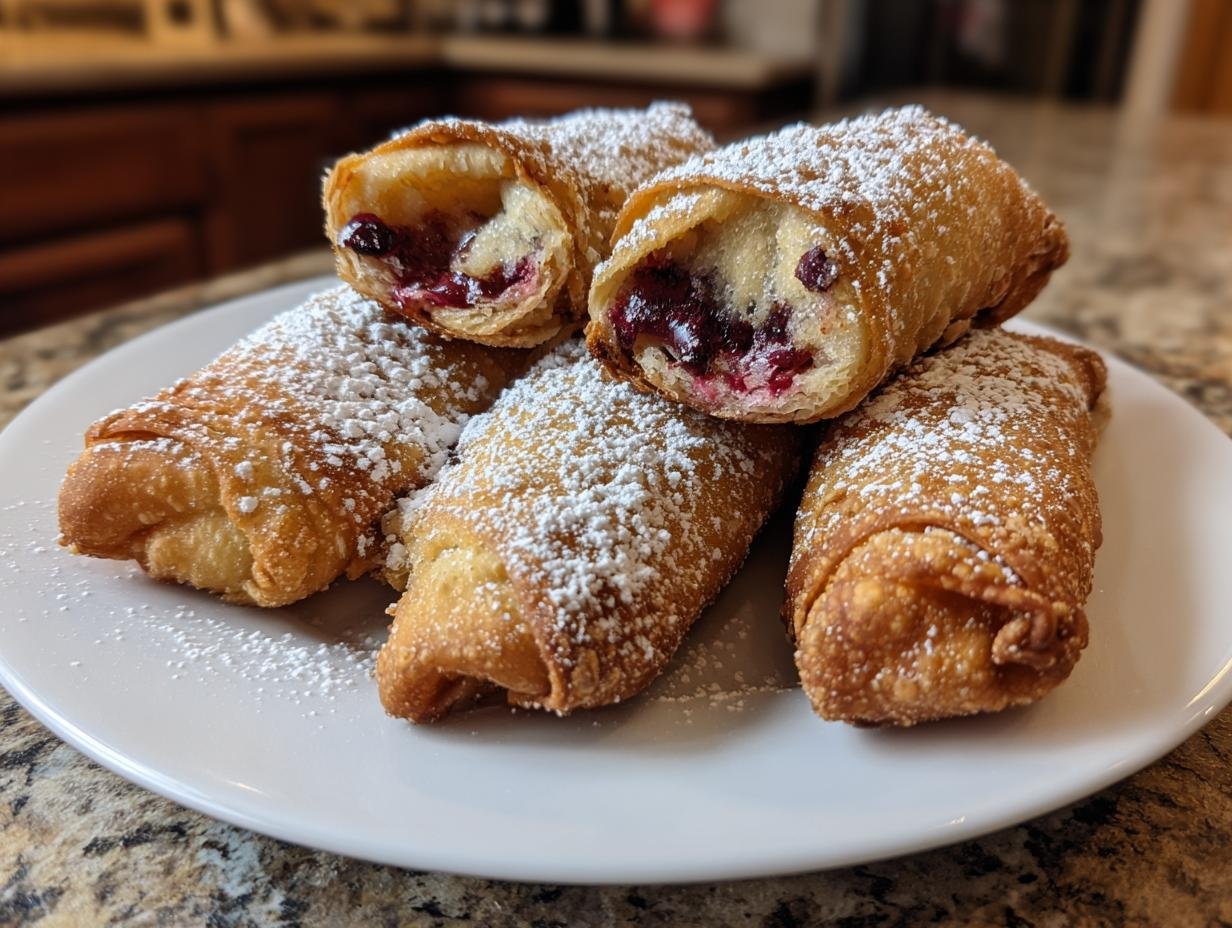 A plate of golden brown, crispy air fryer blueberry chimichangas dusted with powdered sugar.