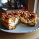 A slice of Irresistible Apple Crisp Cheesecake, showing creamy cheesecake filling, apple chunks, and a crumbly streusel topping.