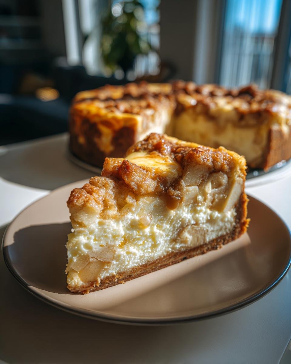 A slice of Irresistible Apple Crisp Cheesecake on a plate, showcasing a creamy filling and apple crisp topping.