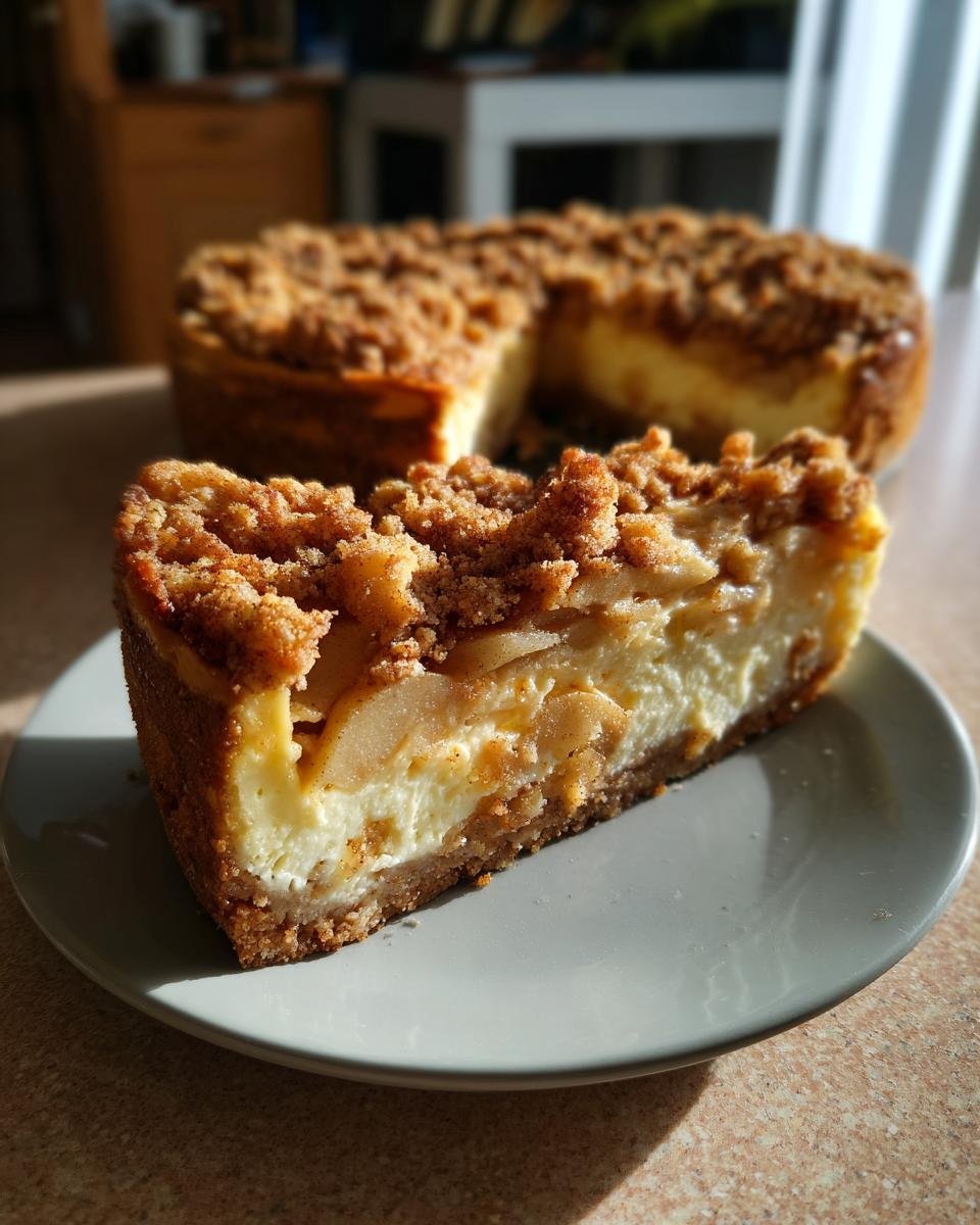 A slice of Irresistible Apple Crisp Cheesecake, showing layers of creamy cheesecake and apple filling with a crumbly topping.