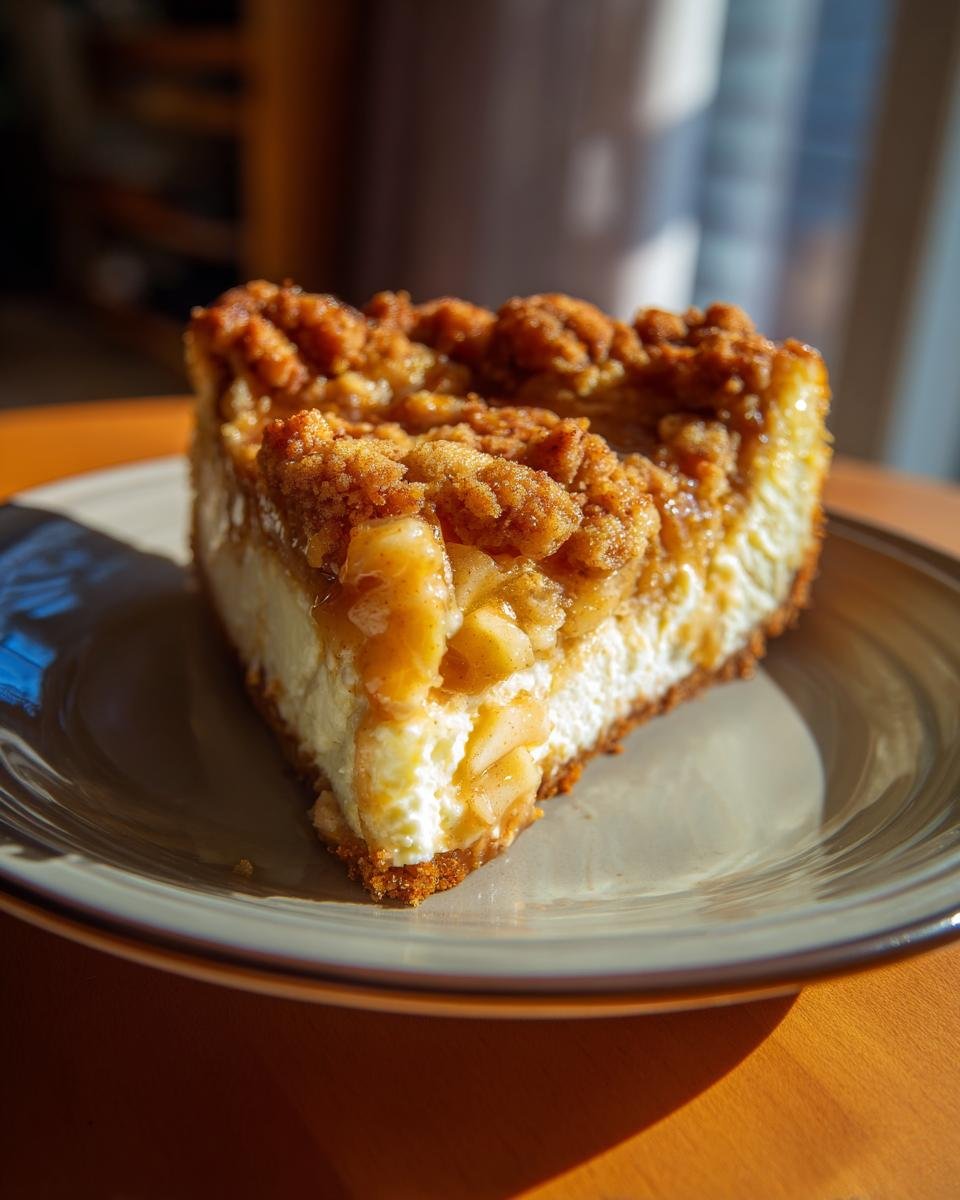 A slice of Irresistible Apple Crisp Cheesecake with a graham cracker crust, creamy filling, and apple crisp topping.