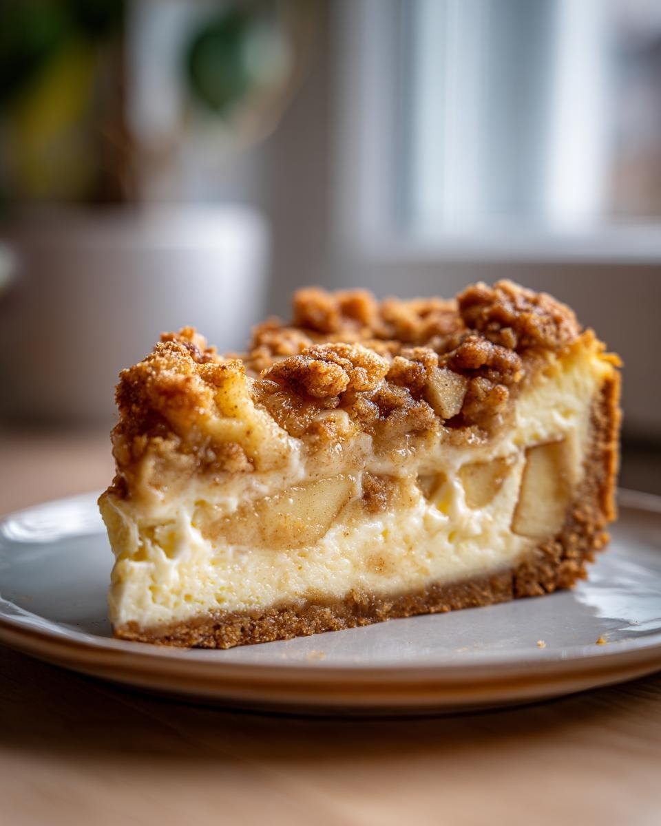 A slice of Irresistible Apple Crisp Cheesecake Recipe, showcasing creamy cheesecake, tender apples, and a crumbly topping.