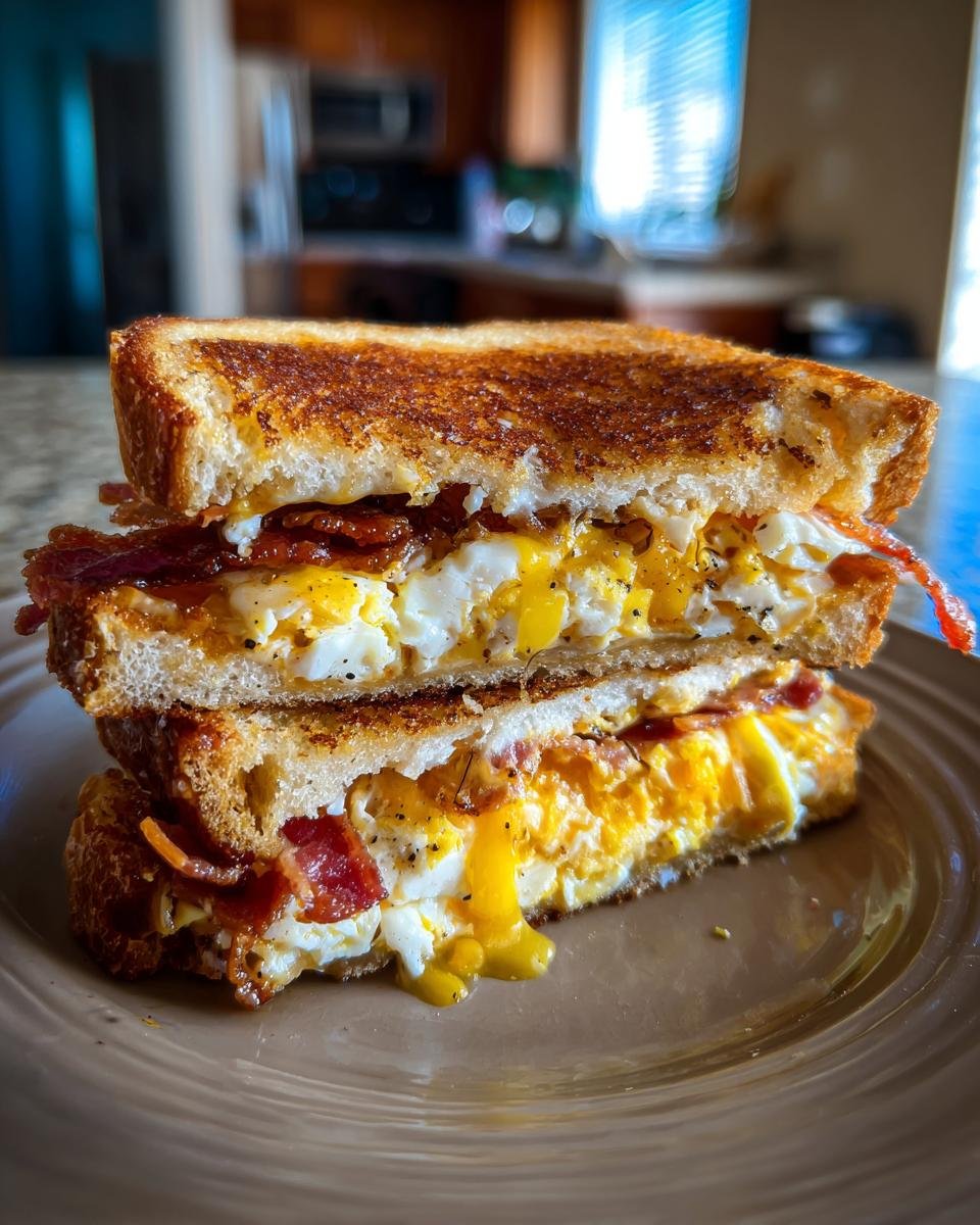 Close-up of an Irresistible Bacon Egg And Cheese Sandwich Delight, perfectly toasted bread with melted cheese, scrambled eggs, and crispy bacon.
