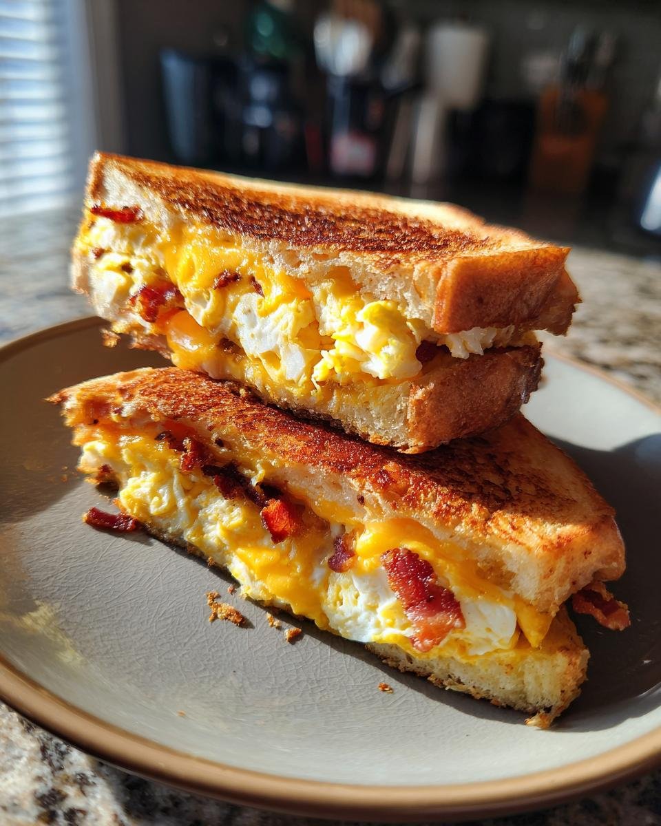A close-up of an Irresistible Bacon Egg And Cheese Sandwich cut in half, showing fluffy eggs, melted cheese, and crispy bacon.