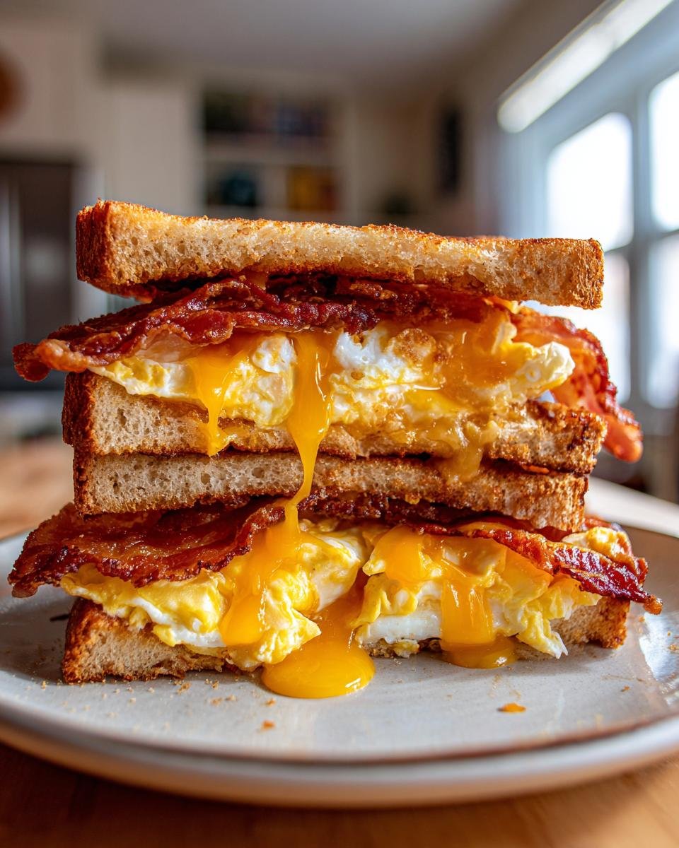 A tall stack of an irresistible bacon egg and cheese sandwich with runny egg yolks dripping down.