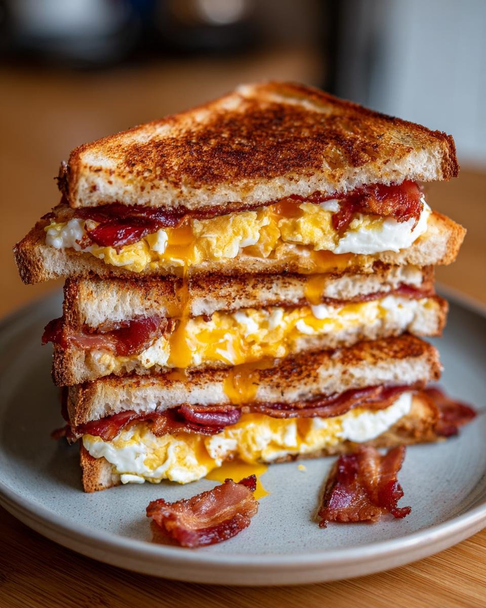 A tall stack of an irresistible bacon egg and cheese sandwich with gooey melted cheese and crispy bacon.