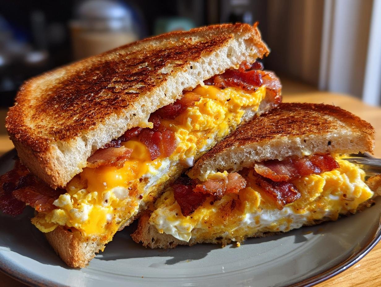 A close-up of an Irresistible Bacon Egg And Cheese Sandwich, cut in half, showing fluffy scrambled eggs, crispy bacon, and melted cheese.