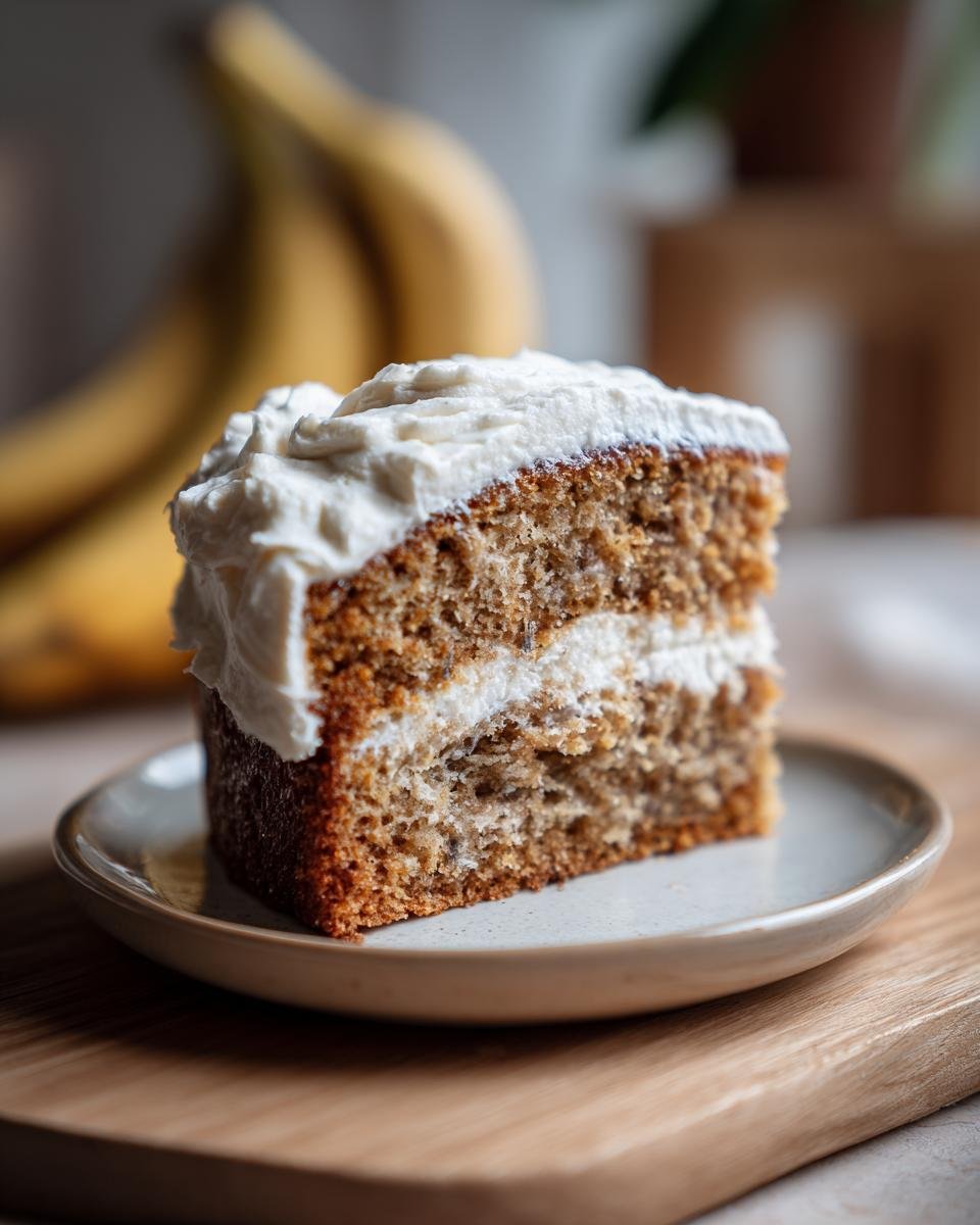 A slice of irresistible banana cake with cream cheese frosting, showing layers of moist cake and fluffy frosting.