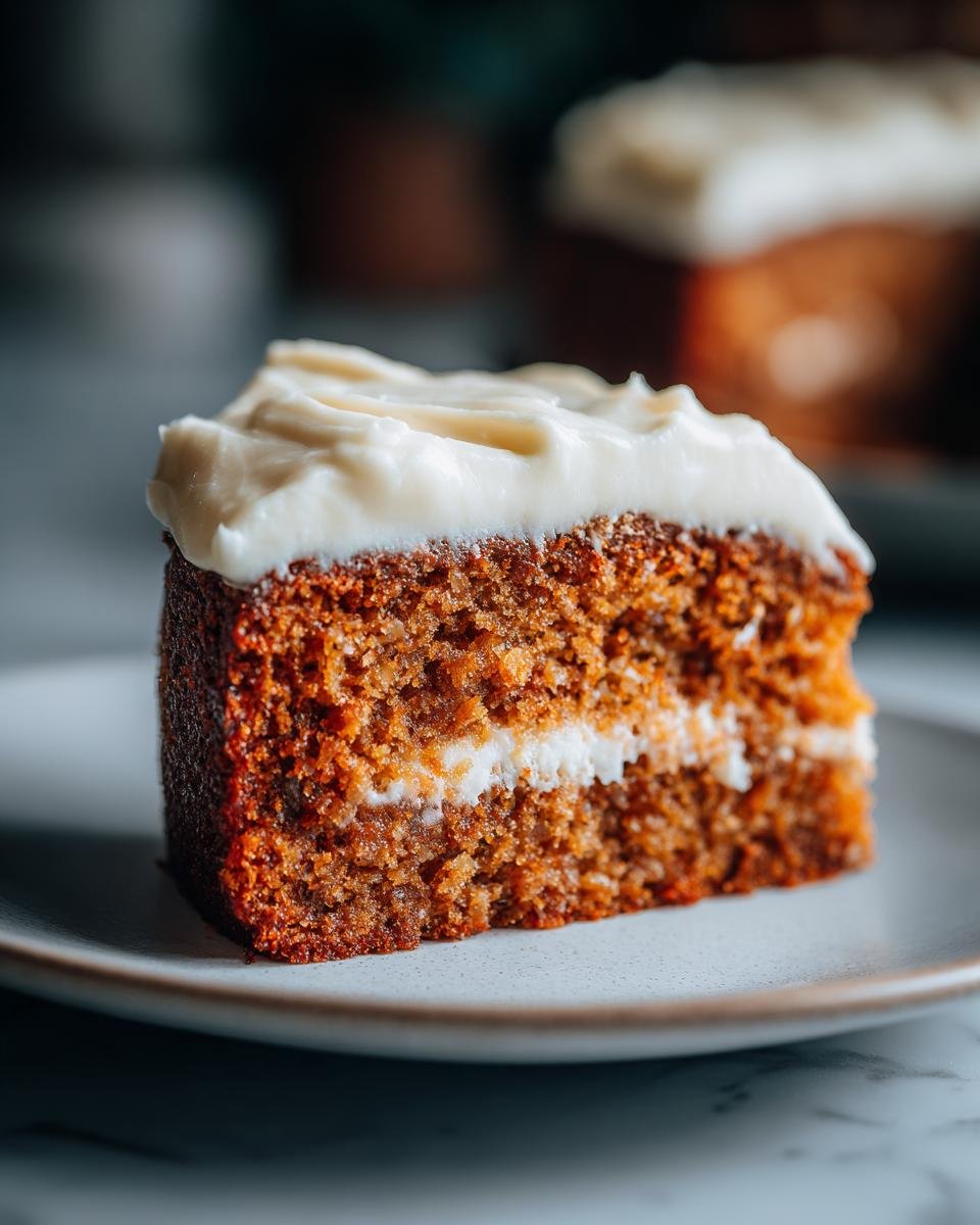 A close-up of a slice of irresistible banana cake with cream cheese frosting, showing the moist crumb and creamy filling.