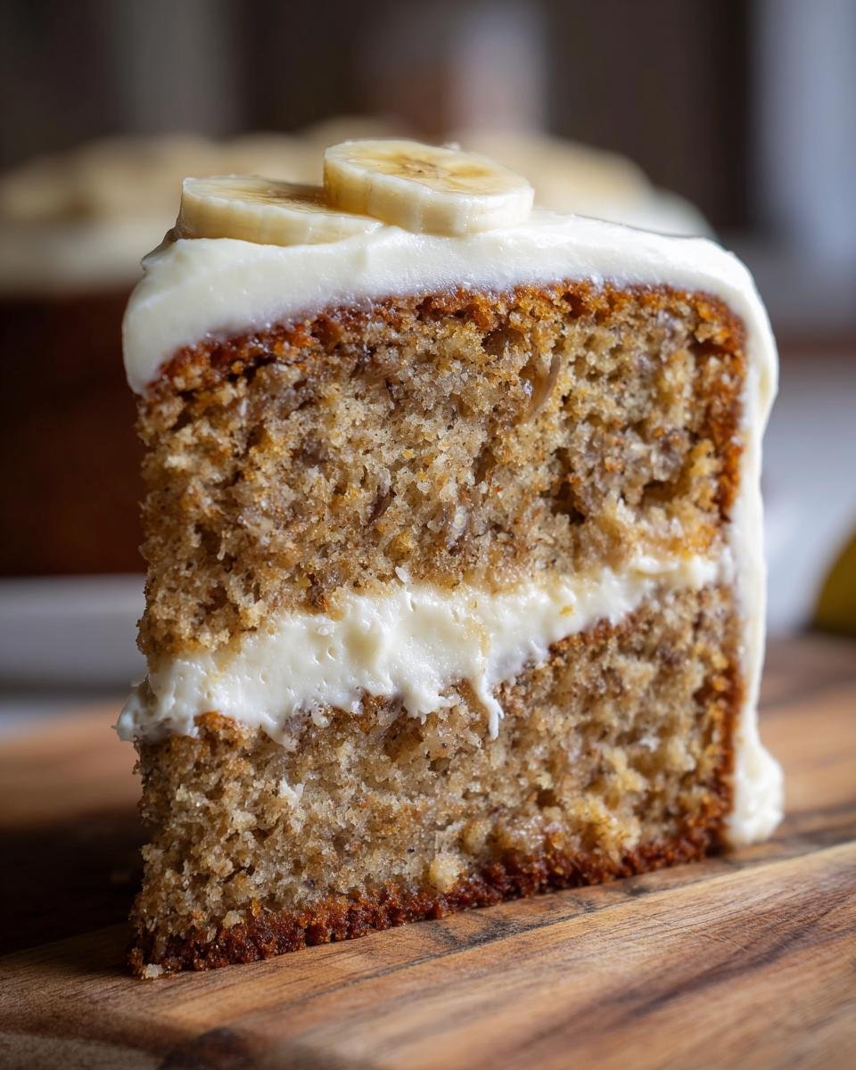 A slice of Irresistible Banana Cake With Cream Cheese Frosting, topped with banana slices and a thick layer of frosting.