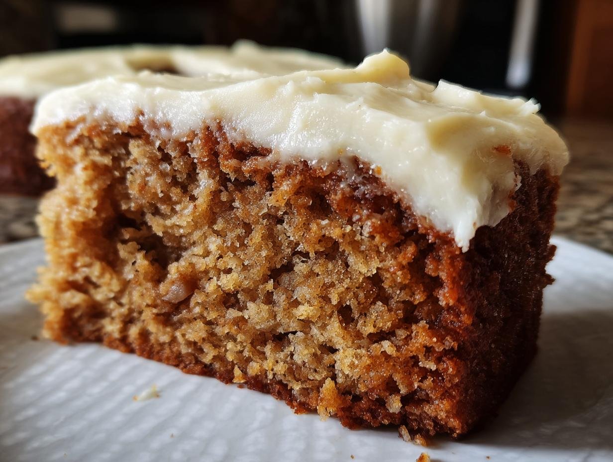 A close-up of a slice of Irresistible Banana Cake with a thick layer of creamy cream cheese frosting.