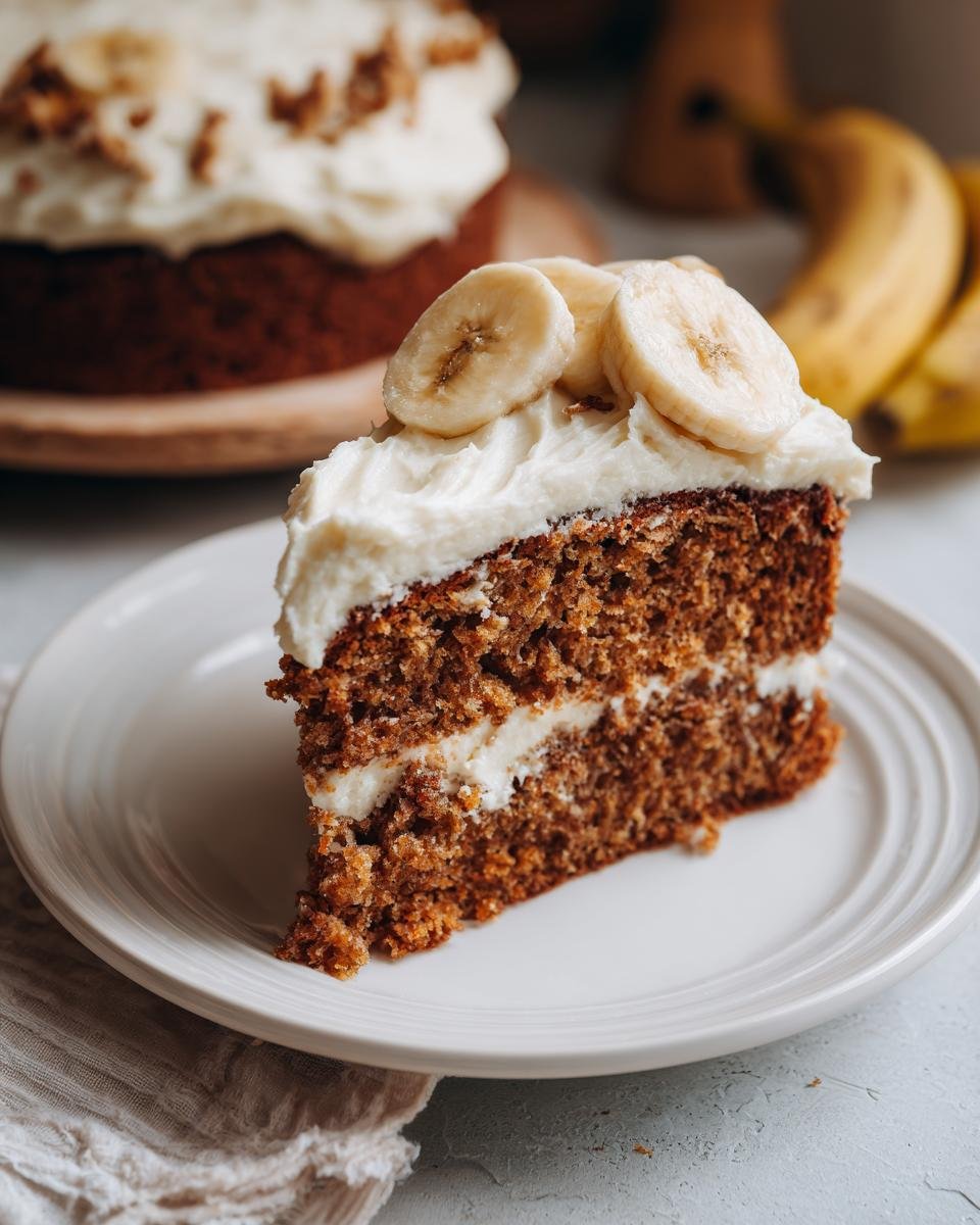 A slice of Irresistible Banana Cake with Cream Cheese Frosting, topped with banana slices.
