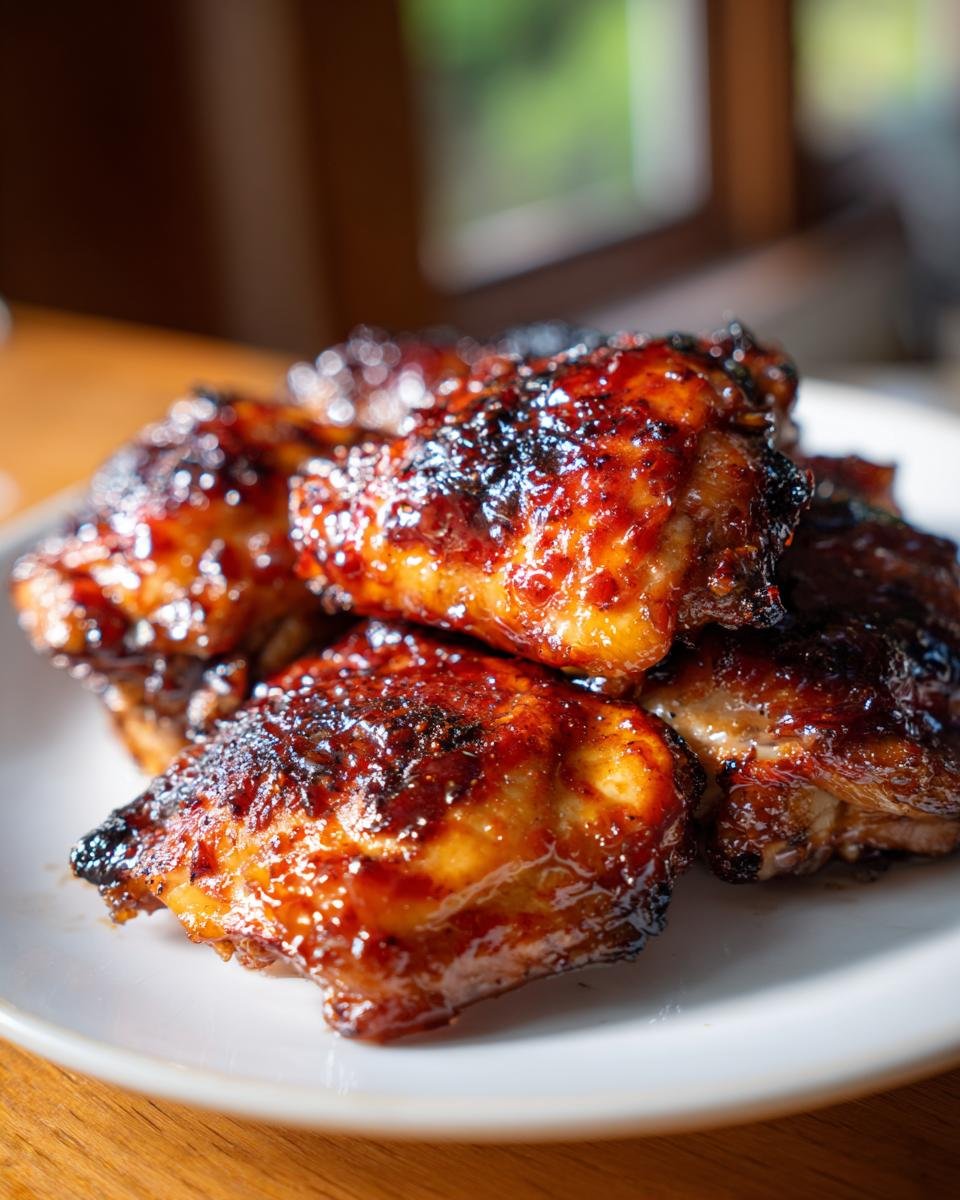 A close-up of a pile of Irresistible BBQ Chicken Thighs In Oven, glistening with a dark, sticky glaze.