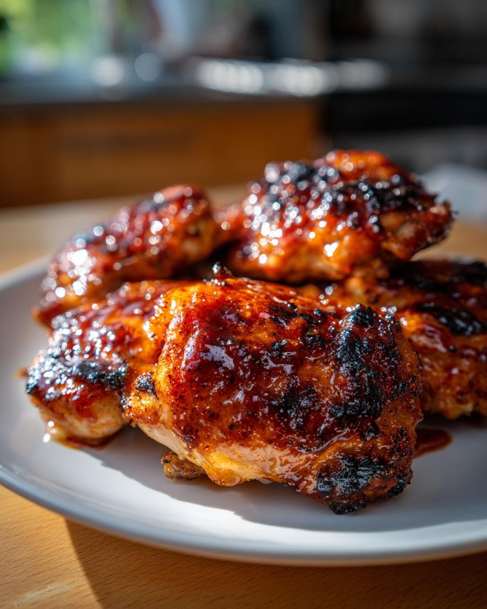 Close-up of Irresistible BBQ Chicken Thighs In Oven, glistening with sauce and slightly charred.