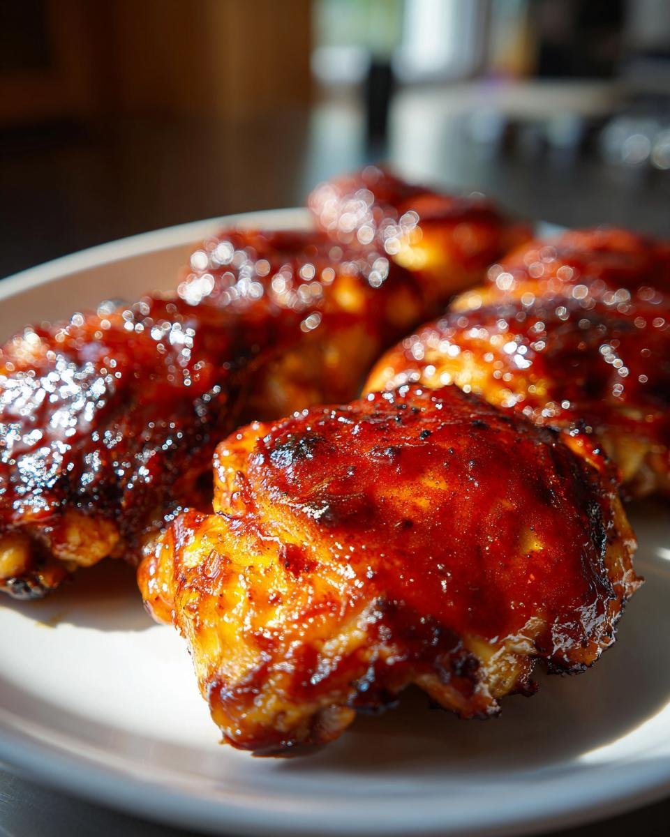 Close-up of glistening, saucy BBQ chicken thighs baked in the oven, ready to serve.
