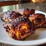 Close-up of four juicy, oven-baked BBQ chicken thighs glistening with sauce on a white plate.
