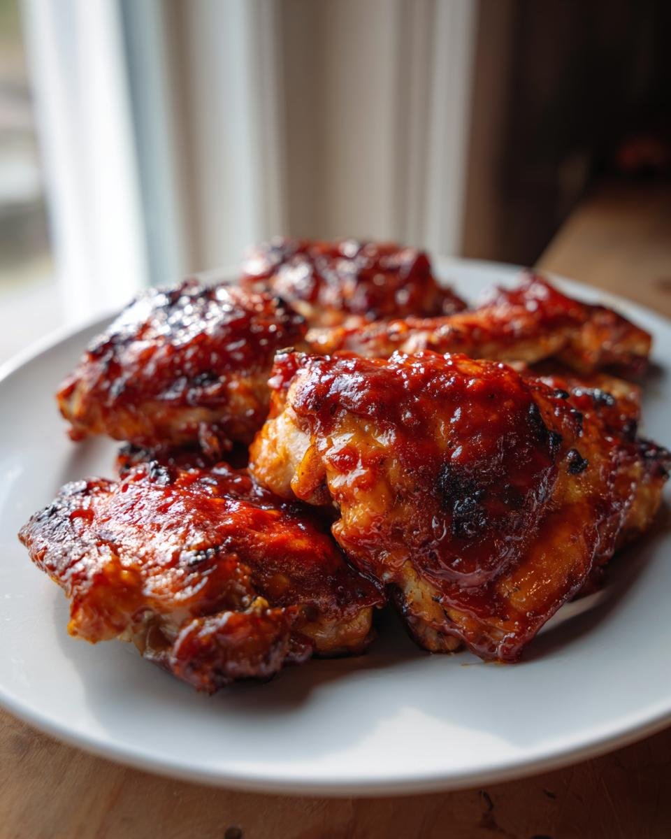 Close-up of Irresistible BBQ Chicken Thighs In Oven Easy Recipe, glazed and slightly charred.