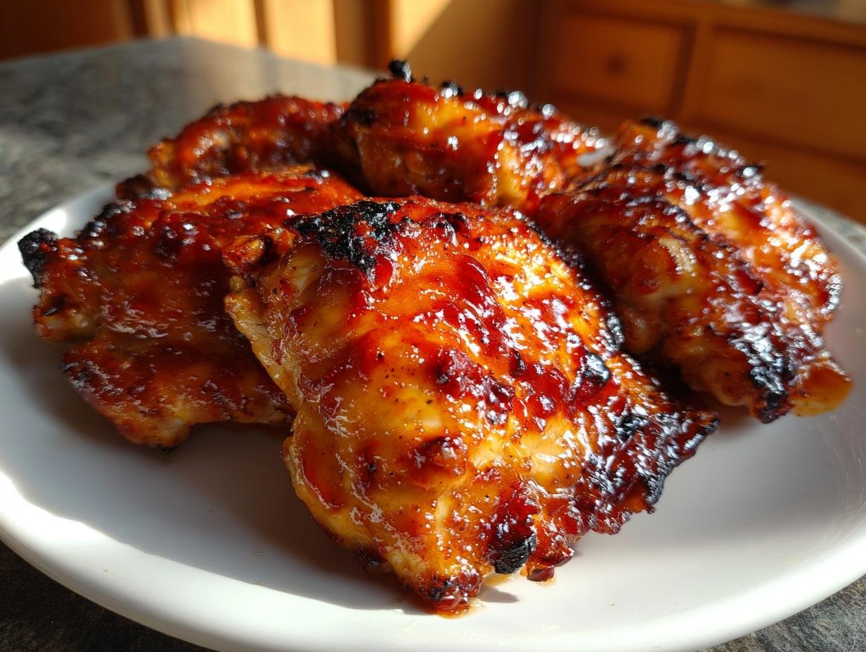Close-up of glistening, oven-baked BBQ chicken thighs with a slightly charred, caramelized glaze.
