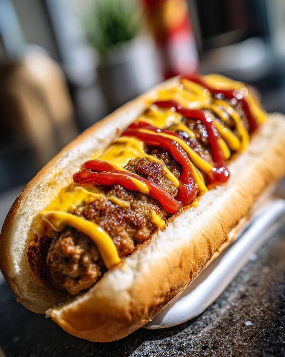 Close-up of an Irresistible Bird Dog Sandwich loaded with chili, cheese, ketchup, and mustard.
