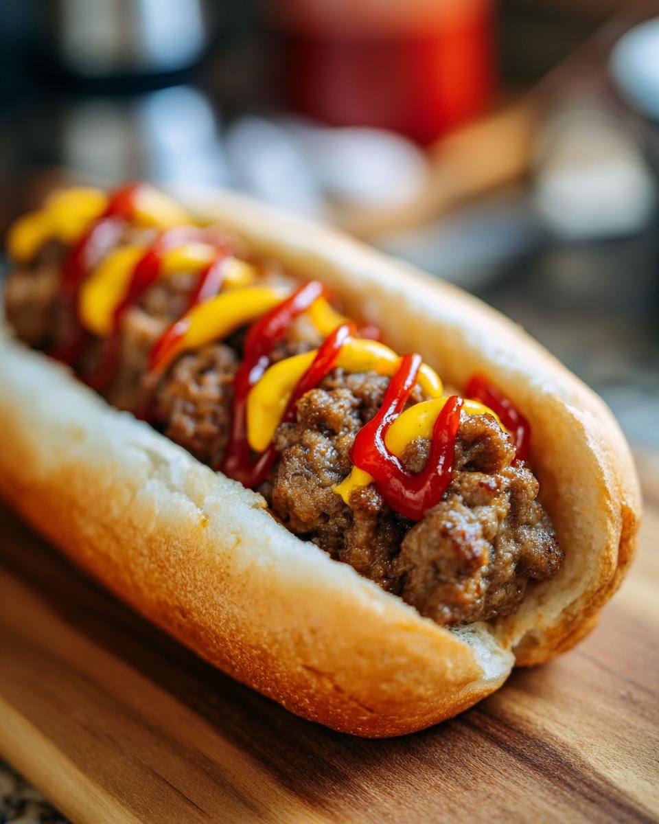 Close-up of an Irresistible Bird Dog Sandwich loaded with savory filling and drizzled with ketchup and mustard.
