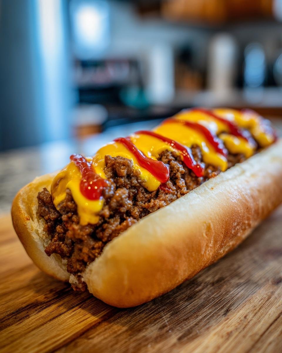 A close-up of an Irresistible Bird Dog Sandwich piled high with seasoned ground meat, drizzled with cheese sauce and ketchup.