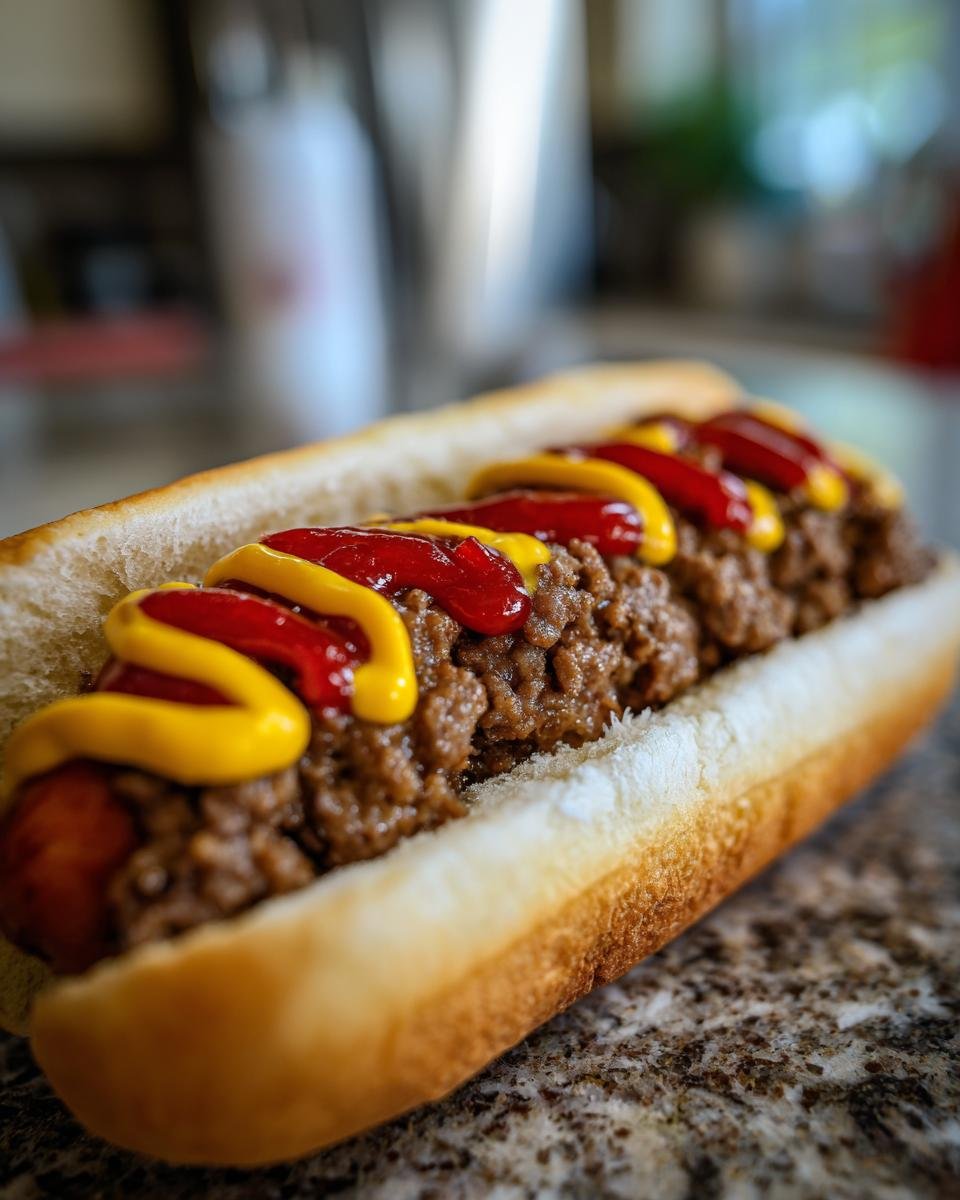 Close-up of an Irresistible Bird Dog Sandwich loaded with chili and drizzled with ketchup and mustard.