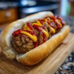 Close-up of an Irresistible Bird Dog Sandwich made with meatballs in a bun, topped with ketchup and mustard.