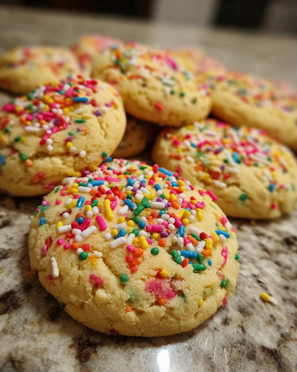 Close-up of Irresistible Birthday Cake Cookies generously topped with colorful sprinkles.