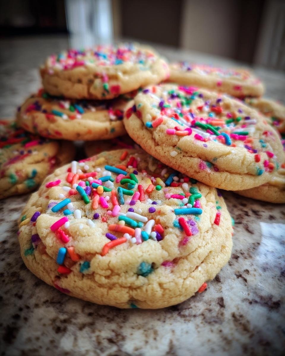 Close-up of Irresistible Birthday Cake Cookies, generously topped with colorful sprinkles.