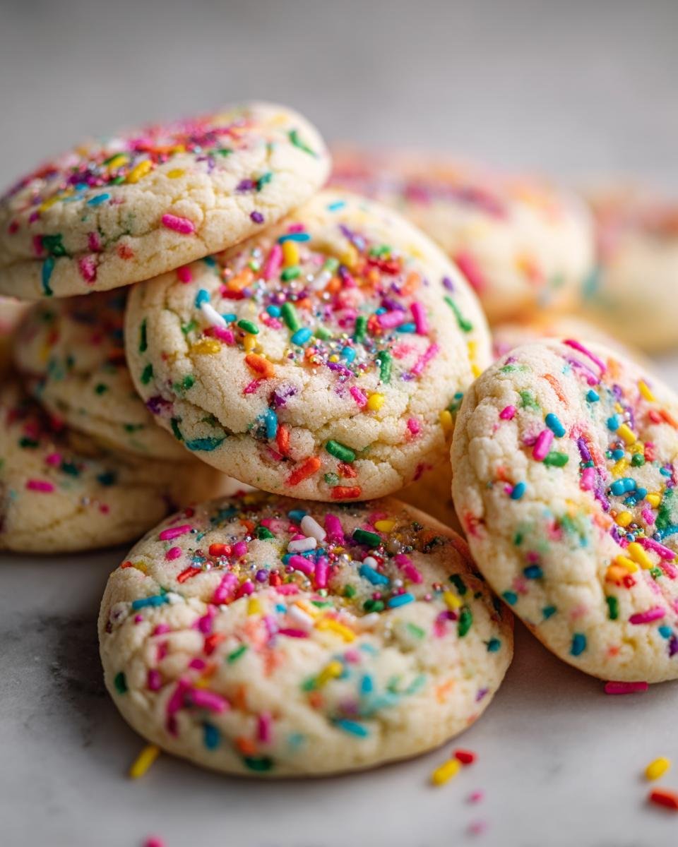 A close-up of Irresistible Birthday Cake Cookies, generously topped with colorful sprinkles.