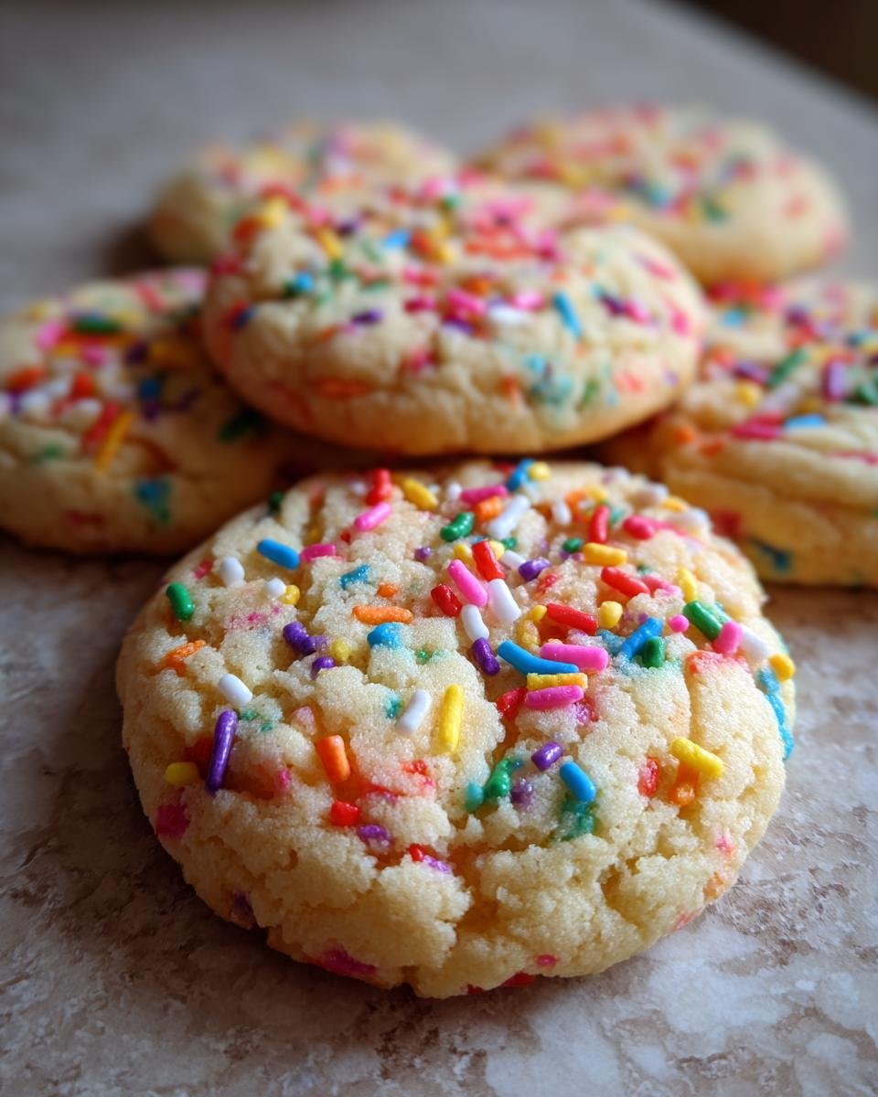 Close-up of Irresistible Birthday Cake Cookies loaded with colorful sprinkles, perfect for a sweet celebration treat.