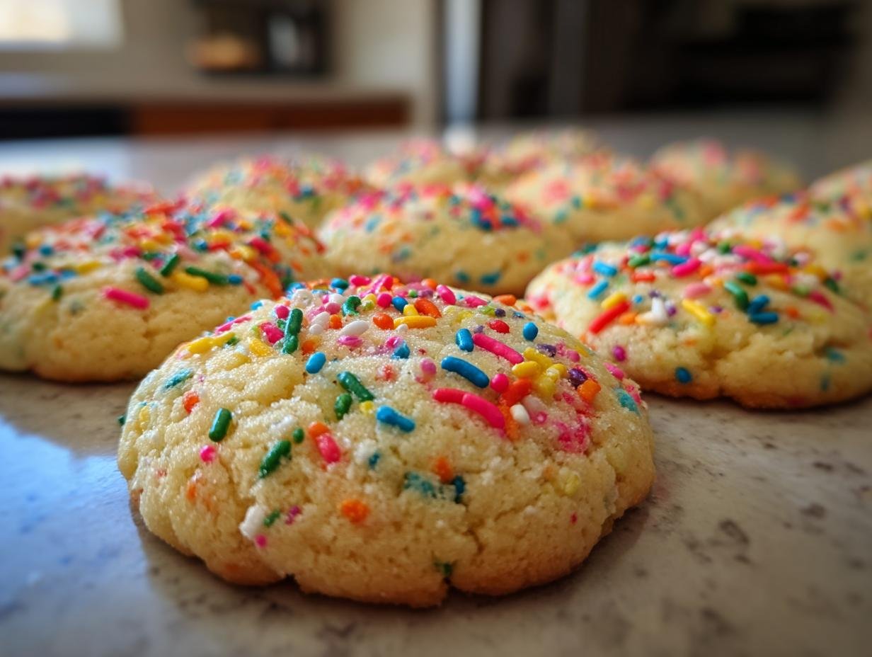 Close-up of Irresistible Birthday Cake Cookies topped with colorful sprinkles.