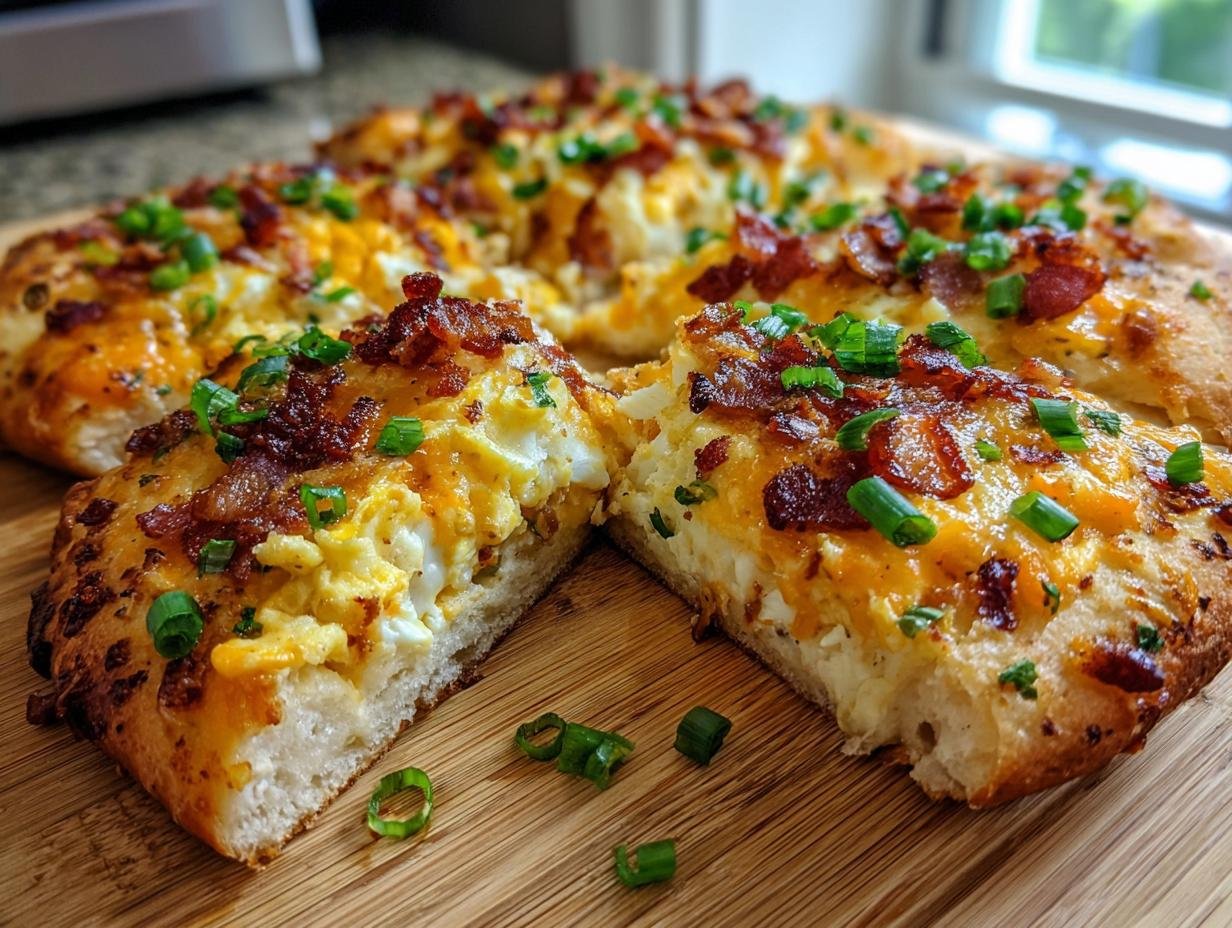 A close-up of a slice of Irresistible Breakfast Pizza, topped with scrambled eggs, melted cheese, crispy bacon, and green onions.