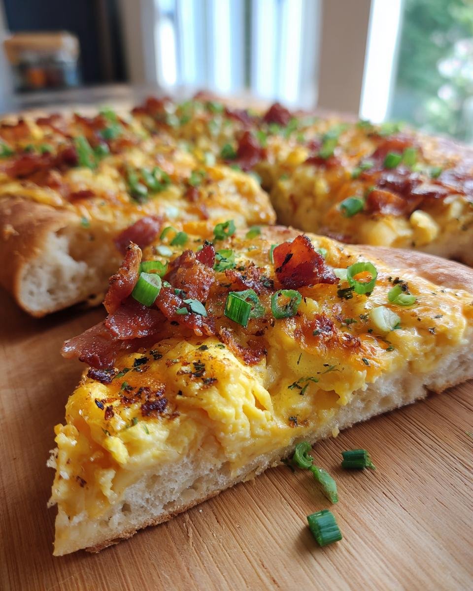 A slice of Irresistible Breakfast Pizza topped with scrambled eggs, cheese, bacon, and green onions.
