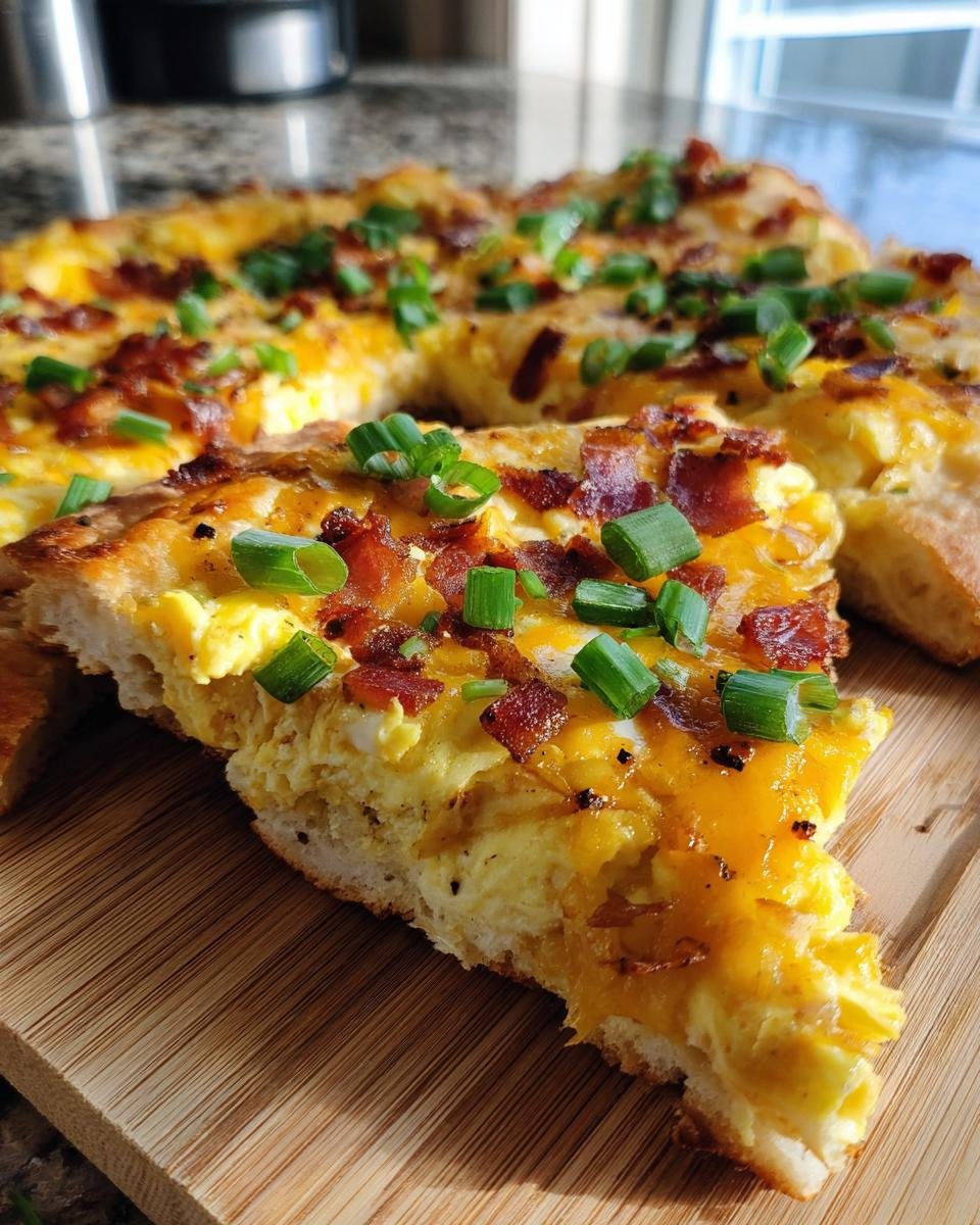 A delicious slice of Irresistible Breakfast Pizza, topped with scrambled eggs, melted cheese, crispy bacon, and fresh green onions.