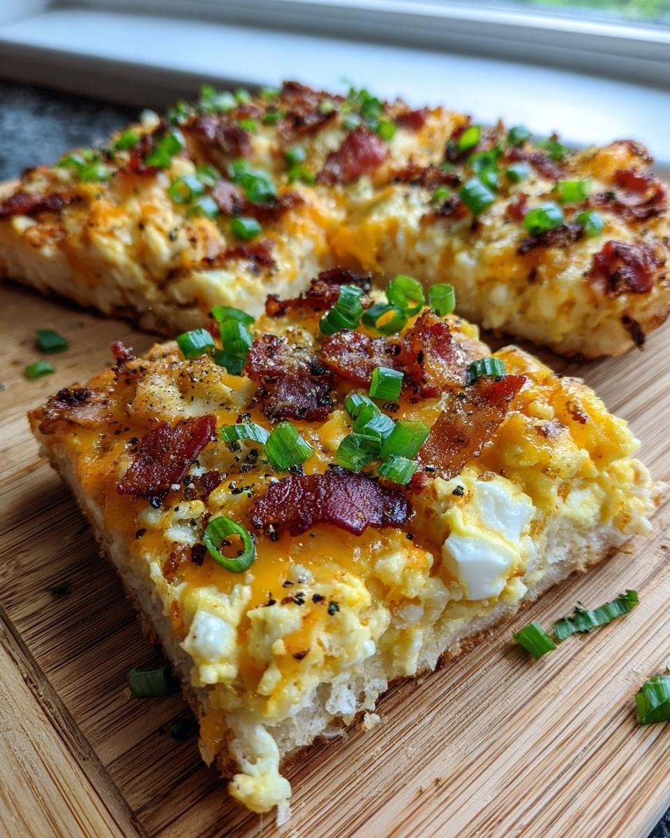 A slice of Irresistible Breakfast Pizza topped with scrambled eggs, melted cheese, crispy bacon, and green onions.