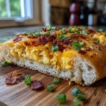 A thick slice of Irresistible Breakfast Pizza topped with scrambled eggs, melted cheddar cheese, crispy bacon, and chives.