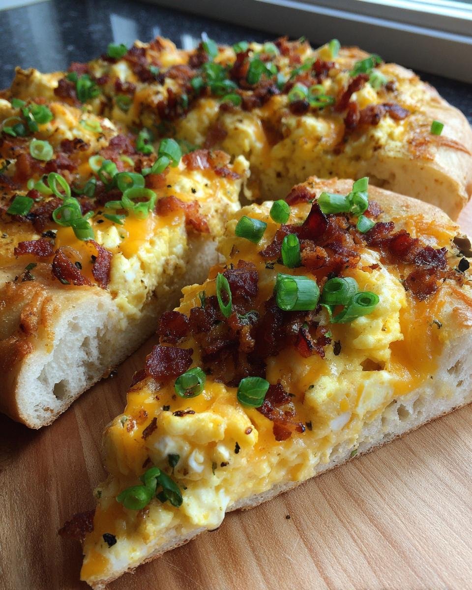 A close-up of a slice of Irresistible Breakfast Pizza, topped with scrambled eggs, cheese, bacon, and green onions.
