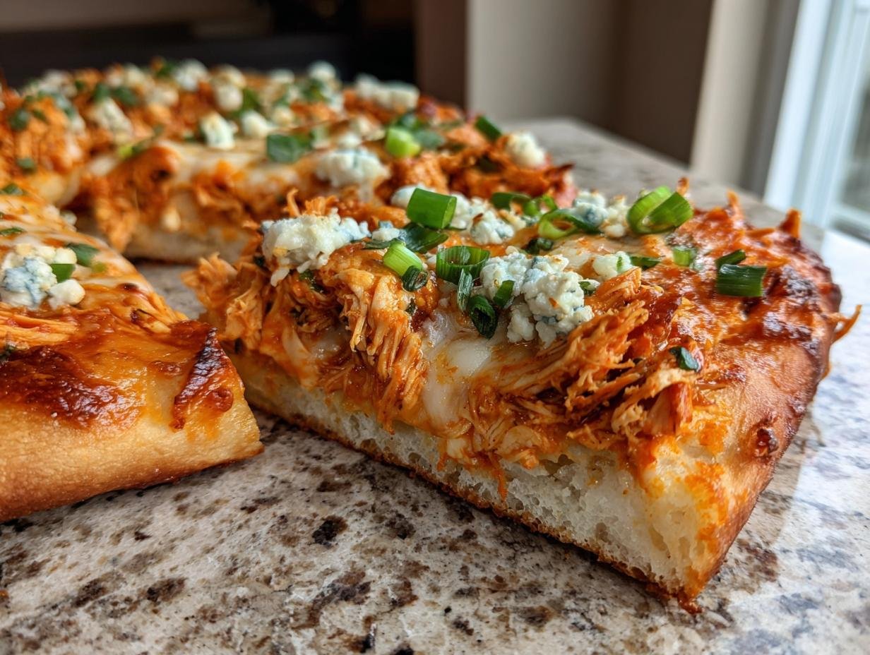 A close-up of a slice of Irresistible Buffalo Chicken Flatbread, topped with shredded chicken, cheese, blue cheese crumbles, and green onions.