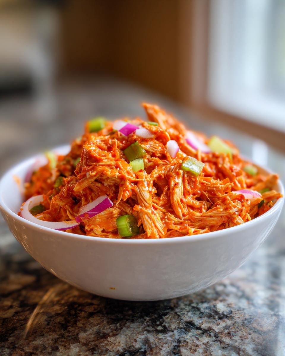 Close-up of a white bowl filled with Irresistible Buffalo Chicken Salad, mixed with chopped red onion and celery.